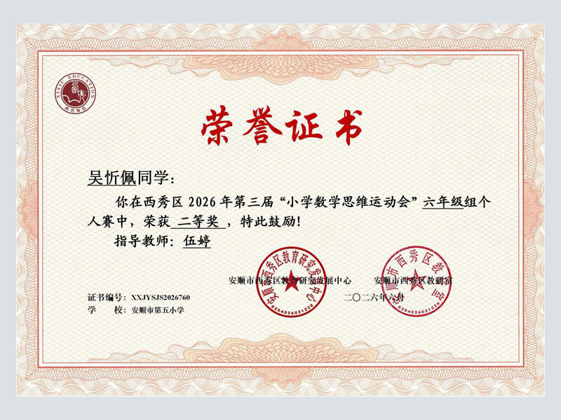 小学思维运动会个人赛二等奖